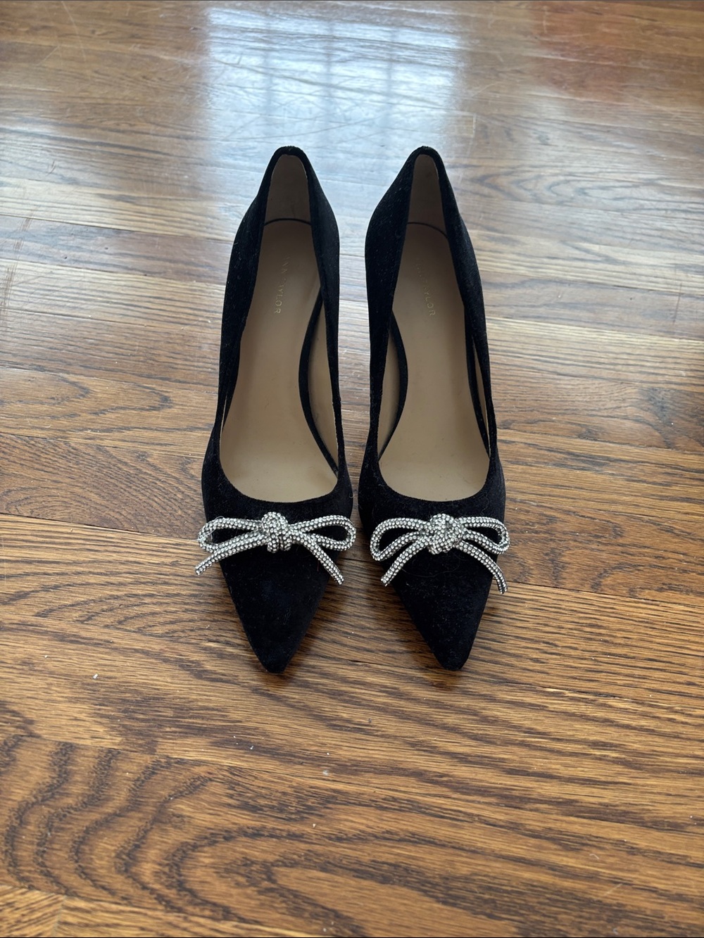 Ann Taylor Black Velvet Pointed Toe Pumps with Crystal Bow Accent